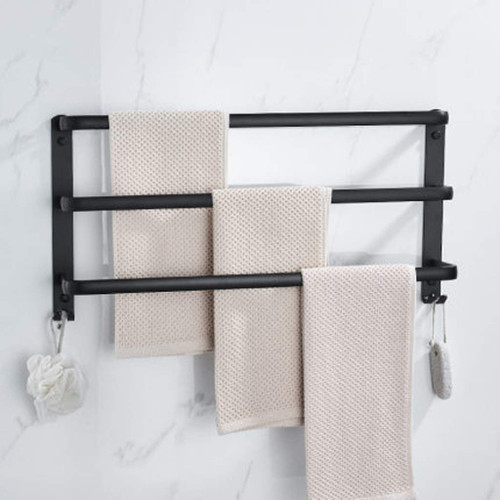 -Shelfs,Towel Shelfs,Towel Rack,Black Aluminum Towel Bar Rails,Bathroom 3-Tiers Wall Mounted Towel Holder with Hooks,for Bedroom Kitchen/40Cm