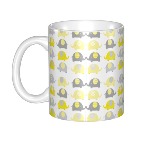 allgobee 11 Oz Yellow-Grey-Cute-Elephant Coffee Mugs,White Ceramic Mugs,Tea Cup Novelty Holiday Christmas Gift