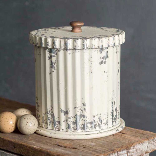 CTW Home Collection Distressed Metal Whitewash Canister with Lid, 9-inches Height, Multicolor