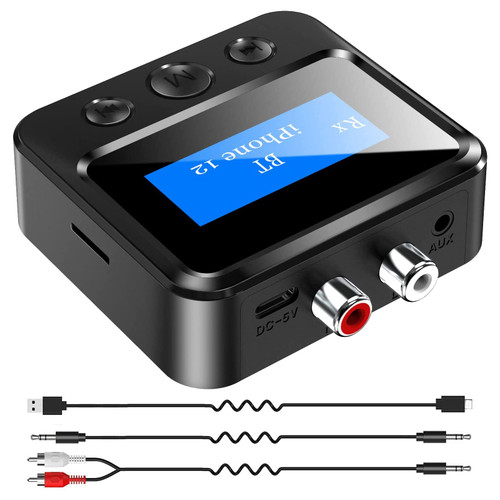 ?2023 New? Yexnum Bluetooth 5.1 Adapter Transmitter Receiver (3.5MM, AUX, RCA, TF) , Low Latency Wireless Audio Adapter Bluetooth AUX Adapter for TV PC Car / Home Stereo System Speakers, LCD Display