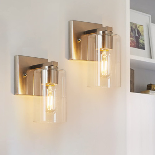 Brushed Nickel Wall Sconces Set of 2 Modern Bathroom Wall Sconce Fixtures, Bathroom Wall Sconce Vanity Light with Clear Glass Shade, Wall sconces Lighting for Bathroom Bedroom Living Room(E26 Base) Brushed Nickel Wall Sconces Set of 2 Modern Bathroom Wall Sconce Fixtures, Bathroom Wall Sconce Vanity Light with Clear Glass Shade, Wall sconces Lighting for Bathroom Bedroom Living Room(E26 Base)