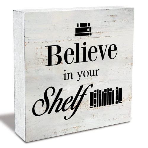 Rustic Believe in Your Shelf Wood Box Sign Bookshelf Wooden Box Sign Farmhouse Home Desk Shelf Decor for Book Addict Librarian Booklover (5 X 5 Inch)