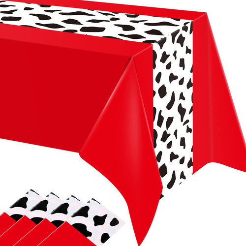 Oudain 4 Pcs 54 x 108 Inch Cow Print Table Cloths for Party Cow Print Tablecloth Cow Table Runner Table Cover Rectangular Birthday Party Decorations Supplies for Boy Baby Home (Red)