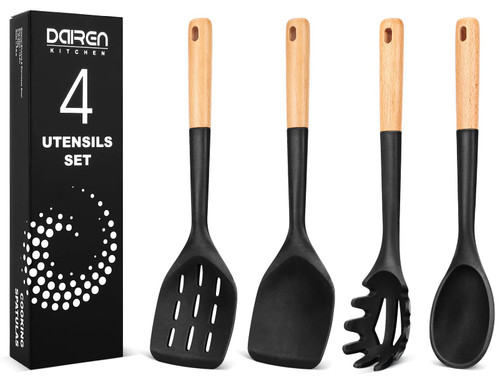 Silicone Cooking Spatulas and Spaghetti Spoons, 4 Pack Heat Resistant Wooden Handle Cooking Utensils Set, Non Stick Large Kitchen Silicone Spatula Spoons for Cooking, Mixing, Serving, Draining