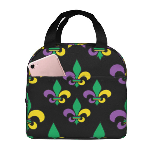 Reusable Lunch Tote Bag Mardi Gras Carnival Fleur De Lis Insulated Lunch Bag Durable Cooler Lunch Box