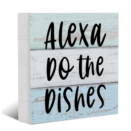 Kitchen Wood Box Sign, Alexa Do the Dishes Wood Box Sign Block Plaque, Home Kitchen Desk Shelf Sign Decoration 5 X 5 Inches