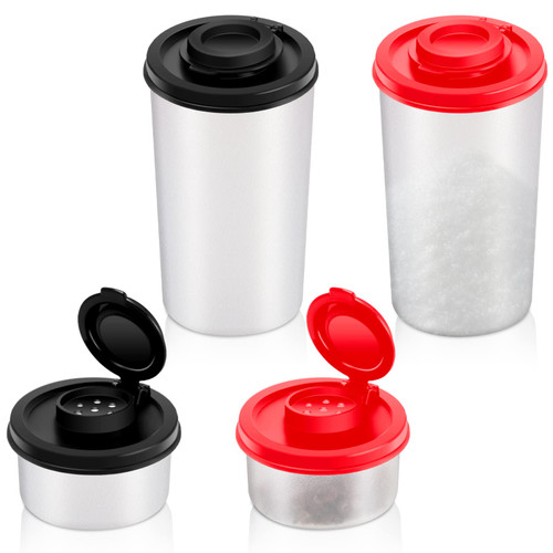 Gejoy Set of 4 Plastic Salt and Pepper Shakers, Salt Shaker with Lid, Moisture Proof Spice Set Clear Salt Shaker for Camping Picnic Lunch Boxes Kitchen Travel, 4 Large and Mini Spice Jars, Red, Black