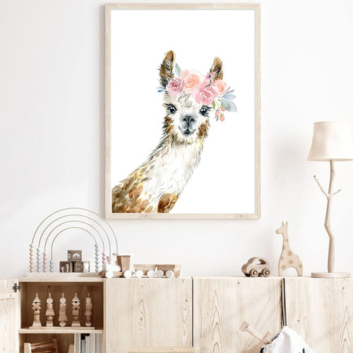 Llama Nursery Wall Art Llama with Flower Canvas Art Llama Pictures Wall Decor Llama Coloring Artwork Poster Decor 16x24 Inch Unframed