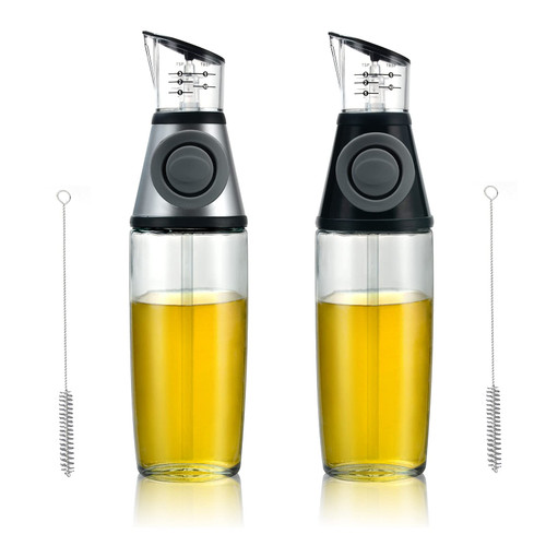 CHUYIREN Olive Oil Dispenser Bottle Set of 2, 17oz Vinegar and Olive Oil Cruet Dispenser for Kitchen, Olive Oil Sprayer with Measuring Pump Drip-Free Stainless Spout for Cooking or BBQ