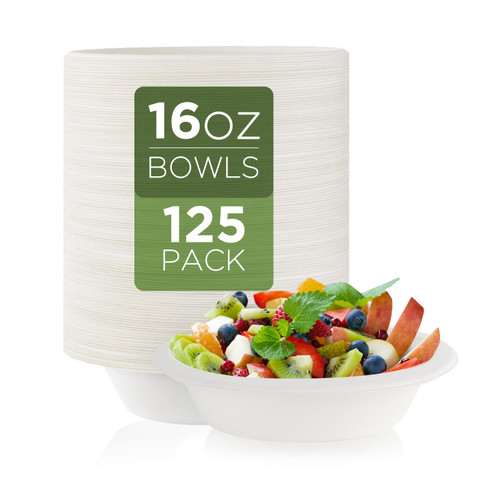 Disposable Paper Bowls 16 oz-125 Pack Composatable Paper Bowls Bulk,Heavy-Duty Biodegradable Paper Bowls, Eco-friendly Bowls Made of Natural Sugarcane Fibers,Wedding, Dinner, Salad, Dessert (White)
