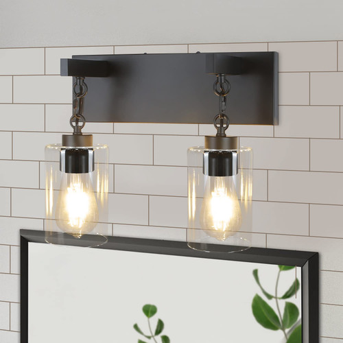 Crisand 2-Lights Bathroom Wall Sconce - Black Industrial Bathroom Lighting with Clear Glass Shade Light Fixtures for Bathroom Above Mirror - E26 Base