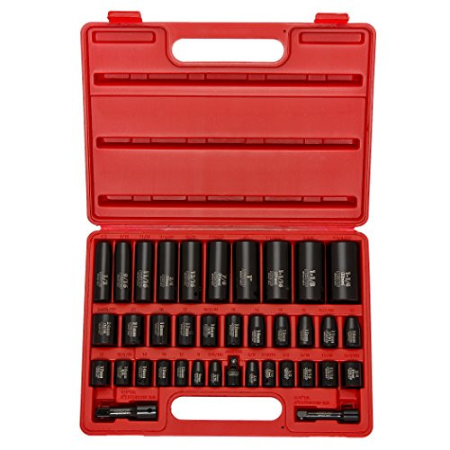 Neiko 02443A Complete Impact Socket Set, 38 Piece, CR-V Steel, 6-Point, SAE & Metric, Deep & Shallow, 3/8" and 1/2" Drive