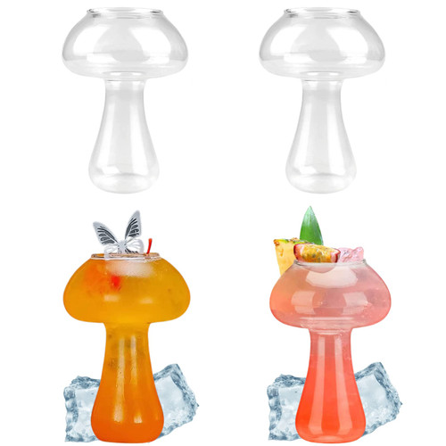 Atarvana 4 Pack Mushroom Glass Cups 8.5oz/250ml, 2Pcs Creative Mushroom Cups Novelty Mushroom Drinking Glassware for Cocktail Party KTV Bar Club Home Glasses Cup