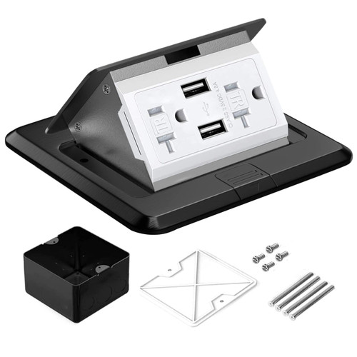 Simmpatuu Pop Up Floor Outlet Box - 20Amp Tamper-Resistant Receptacle Outlet and 5V/4.8A USB Chargers Outlet - Waterproof Floor Outlet Cover Plate Kit for Kitchen Countertop (Black - USB)