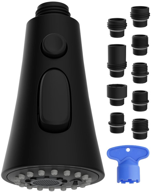 Kitchen Faucet Head Replacement, Pull Down Kitchen Faucet Sprayer Head with 9 Adapter Kit, 3 Function Kitchen Sink Faucet Spray Head, Matteblack Finish Kitchen Faucet Sprayer