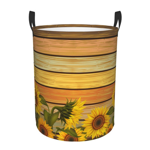 Sunflower On Wood Laundry Basket Waterproof Collapsible Round Laundry Hamper Toys Clothes Organizer Gift Basket For Room