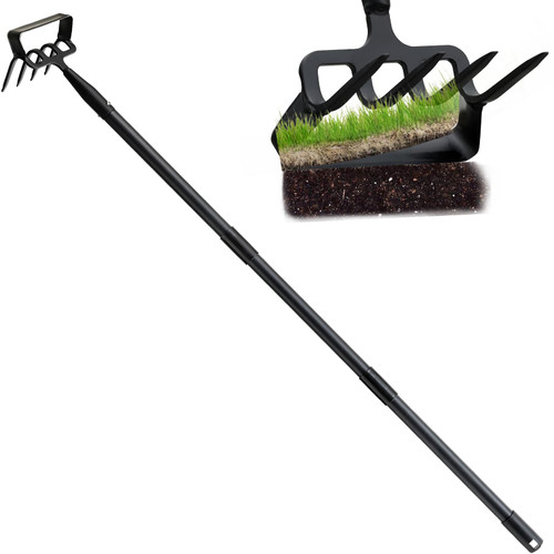 DonSail Cultivator Hoe Garden Tools for Gardening, Heavy Duty Stainless Steel 4 Tine Hand Garden Rake Cultivator and Stirrup Hoe Long Handle for Women Weeding Loosening Digging 30-43 inch