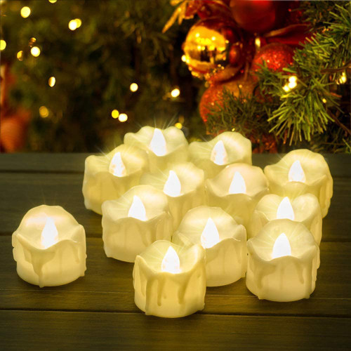 GEYUEYA Home LED Candles, 12pcs Flickering LED Tea Lights with Timer Function, Flameless Tea Lights, 6 Hours On and 18 Hours Off, Electric Flickering Battery Powered Candles (Warm White Light)