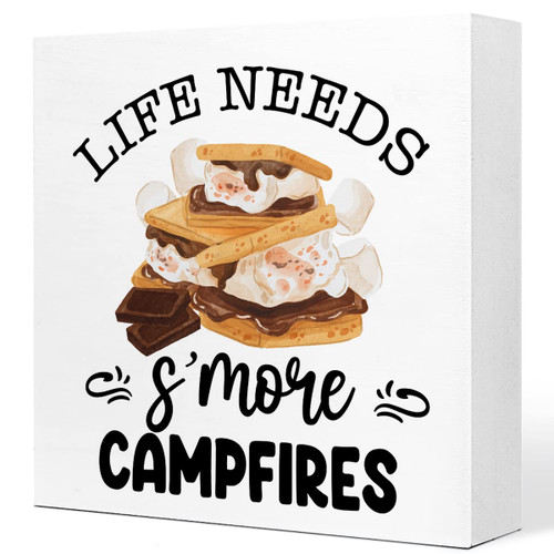 Life Needs S'more Campfires Camping Wood Plaque Sign Desk Decor,Farmhouse Camping Quote Wood Block Sign Desk Decorations for Home Camper RV Desk Shelf Table Decor