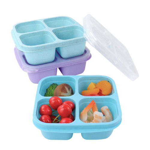 Finorder 3 Pack Wheat Straw Containers, 4 Compartment Reusable Snack Bento Box Toddler, Meal Prep Lunch Box Containers for Kids Adults, Food Containers for School,Office and Travel(Pastel Colored)
