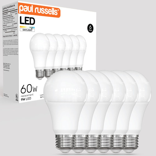 paul russells LED Light Bulb, A19 60W Equivalent Replacement Indoor Light Bulbs, 5000K Daylight White, 800 Lumens Non-Dimmable, 9 watt LED Bulb, E26 Standard Base, Energy Efficient, 6-Pack, UL Listed