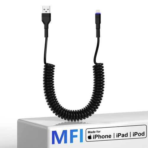 Coiled iPhone Lightning Cable for Apple CarPlay, MFi Certified Retractable iPhone Charger Cord with Data Sync, Coiled Short iPhone Charger Cord for iPhone/iPad/iPod