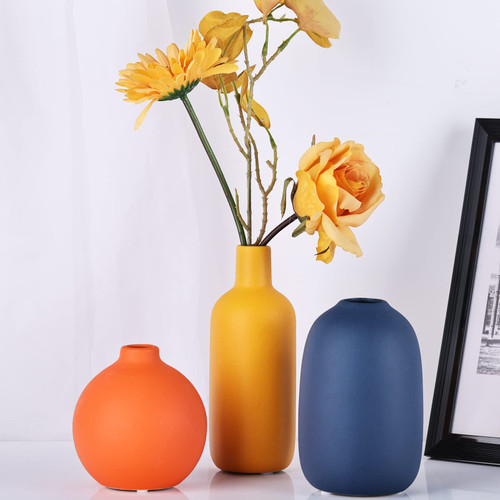 Ceramic Vase Set of 3, Small Flower Vases for Rustic Home Decor, Modern Farmhouse Decor, Living Room Decor, Shelf Decor, Table, Bookshelf, Mantel and Entryway Decor-Yellow, Orange, Blue Vases (A) Ceramic Vase Set of 3, Small Flower Vases for Rustic Home Decor, Modern Farmhouse Decor, Living Room Decor, Shelf Decor, Table, Bookshelf, Mantel and Entryway Decor-Yellow, Orange, Blue Vases (A)