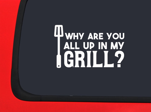 Car Sticker Why are You All Up in My Grill? Funny Grilling Bib Spatula Car Window Decal Sticker White 7 Inch