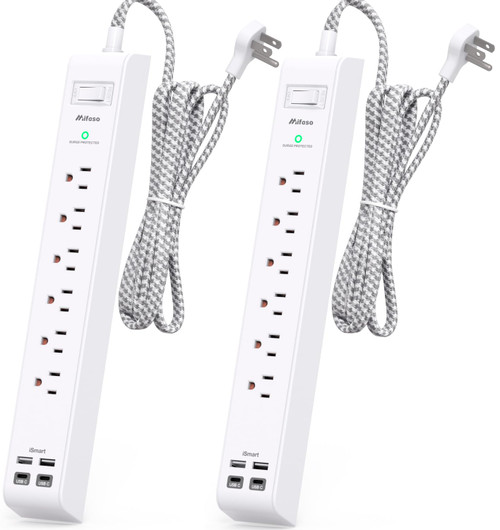 2 Pack Power Strip Surge Protector - 6 Outlets 4 USB Charging Ports, 5Ft Braided Extension Cord, Flat Plug, Overload Protection, Wall Mount for Home Office, Dorm Room Essentials