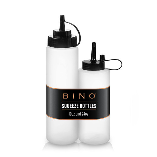 BINO 2-Piece Squeeze Bottles Set - 10 oz + 24 oz | Food Grade Plastic | Squeeze Bottles for Liquids | Plastic Condiment & Sauce Squeeze Bottles | Cooking Sauce Bottles | Ketchup & Mustard Bottles