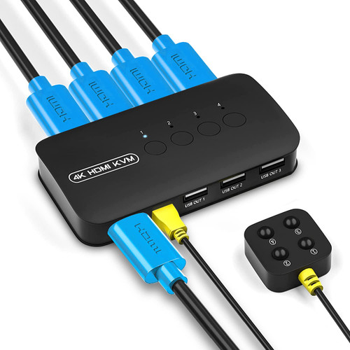 KVM Switch 4 Port, HDMI USB Switch 4K@30Hz for 4 Computer Share 1 HD Monitor and 3 USB Device Keyboard Mouse Printer, with 4 KVM Cable & Wired Remote