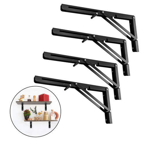 14 inch Black Folding Shelf Brackets,Potaosey 4PC SUS304 Stainless Steel Shelf Brackets,Max Load 440Lb Metal Collapsible Shelf Bracket,Collapsible Shelf Bracket