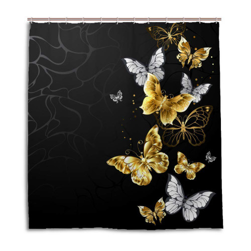 Kuizee Bathroom Shower Curtain 66 x 72 Inch with 12 Hooks Gold White Butterflies Black Bathtubs Waterproof Shower Curtain 66 x 72 Inchs Set Fabric Decor Easy Install