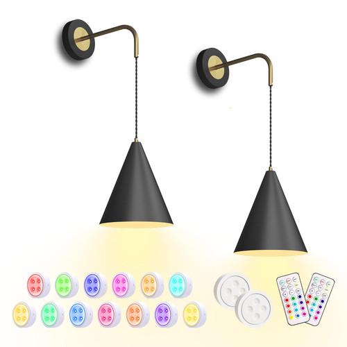 LUMIMAN Battery Operated Wall Sconce, Wireless Sconces Wall Lighting with Remote, 13 RGB Colors Matte Black Wall Sconces Set of Two, Dimmable Battery Powered Wall Lamp Fixture for Bedroom, Living Room