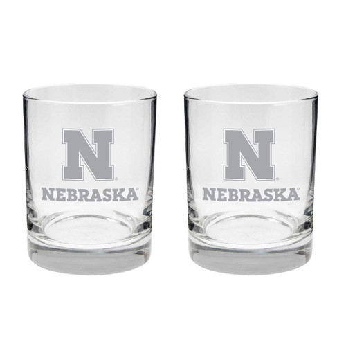 Nebraska Cornhuskers 2-Sided, Etched Satin Finish, Rock (or Whiskey) Glass - Set of 2