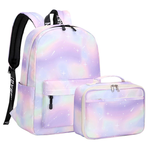 Lohol Galaxy School Backpack with Lunch Box, Lightweight BookBag Set for Girls Kids ?Purple&Green?