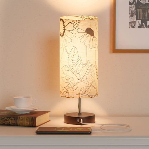 Lanmonlily Touch Control Desk Lamp with 2 USB Ports, 3-Way Dimmable Bedside Lamp for Bedroom, Nightstand Lamp with Round Flower Fabric Shade for Living Room, Home Office (E26 LED Bulb Included)