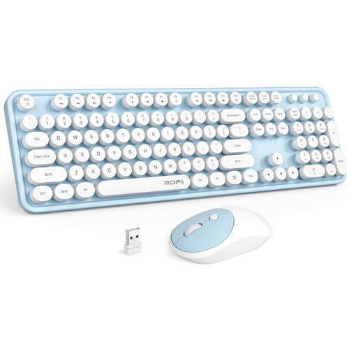 MOFII Wireless Keyboard and Mouse Combo, Blue Retro Typewriter Keyboards with Round Key, 2.4G Full Sized Keyboard and Cute Computer Mice, USB Receiver Plug and Play, for PC, Laptop, Desktop, Windows