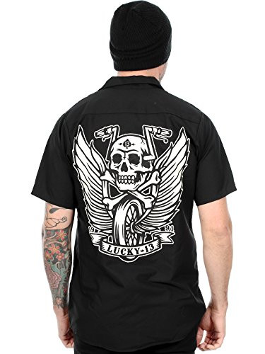 Lucky 13 Winged Skull Biker Work Shirt, Flying High (L)