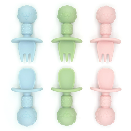 Silicone Baby Feeding Spoon and Fork Set l Baby Led Weaning, Toddler Self-Feeding & Training l First Stage Utensils for Infant and Parent l Anti-Choke Barrier, Soft-Tip l 6 months [6 Pack]