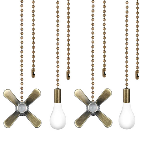 ZLOVEYM 4PCS Ceiling Fan Pull Chain, Bulb and Fan Pattern Pull Chain Extension, Decorative Ceiling Fan Pull Chain Extender, 12 Inches Fan Pulls Chain with 3mm Diameter Beaded Ball Connector, Bronze