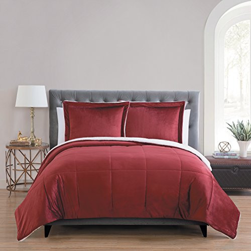VCNY Home Micro Mink Reversible Sherpa 3 Piece Bedding Comforter Set, Queen, Deep Red