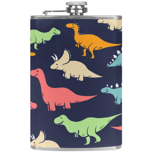 Flask for Liquor and Funnel, 8 Oz Leak Proof Stainless Steel Pocket Hip Flask Dinosaur Pattern