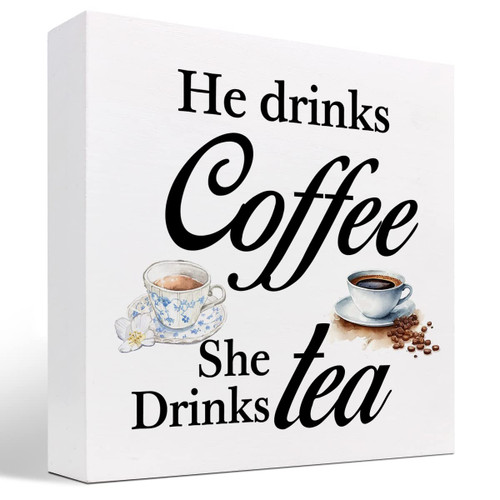 z-crange He Coffee She Tea Wood Box Sign Decor Desk Sign,Funny Coffee Tea Wooden Box Block Sign for Home Kitchen Office Coffee Bar Shelf Table Decor Decorations