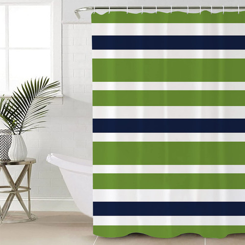 Prironde Green Navy Blue and White Striped Shower Curtains for Bathroom Polyester Fabric Shower Curtain with 12 Hooks,Waterproof Bath Curtain for Shower/Bathtub Decor 72x72 inch