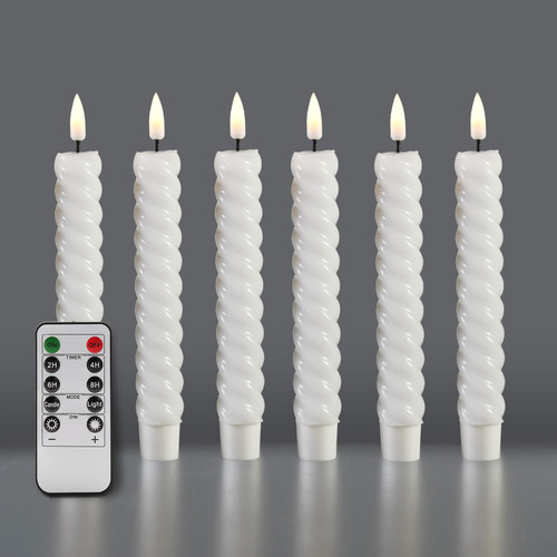 Eywamage Short White Battery Operated Spiral Taper Candles with Remote, Real Wax Flickering Flameless LED Candlesticks Set of 6