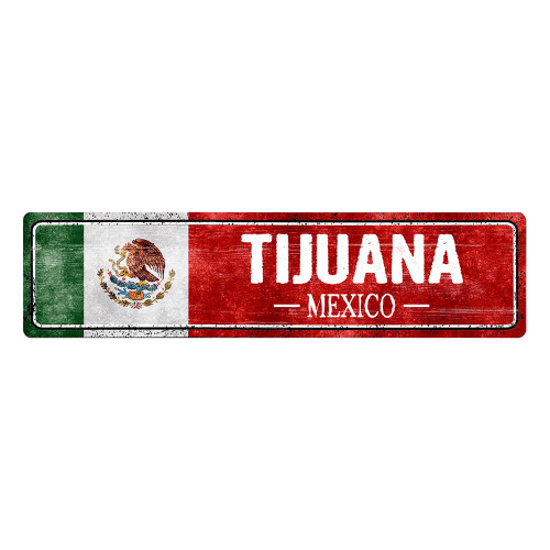 Vintage Mexico Flag Sign, Tijuana - Mexico - Mexican Flag Street Signs, Novelty Wall Art Decorations for Home, Man Cave Bar Decor, Metal, Slim, 4x16In