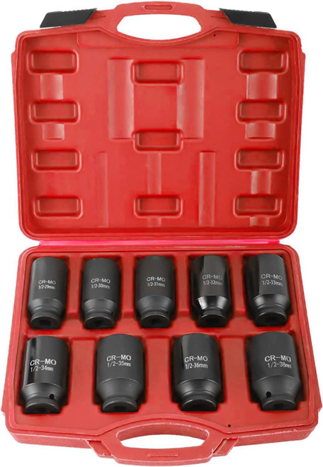 1/2" Drive Deep Spindle Axle Nut Impact Socket Set, 1/2" Drive Deep Impact Socket Set, Cr-Mo Steel, Metric 29-38mm 6-Point