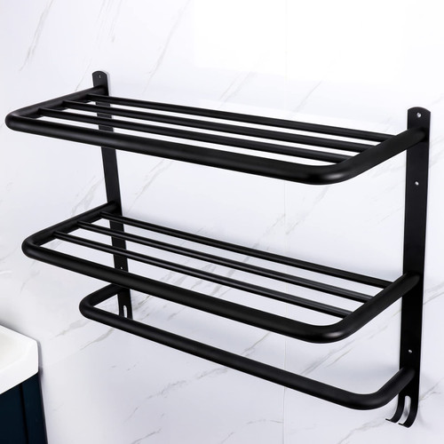 Winmien 3-Tier Bathroom Towel Shelf with Towel Bars, Stainless Steel Towel Racks for Bathroom Wall Mounted (Black?24 inch)