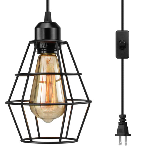 Industrial Plug in Pendant Light, Black Farmhouse Cage Pendant Light Fixture with On/Off Switch, Vintage Hanging Lights with Plug in Cord, E26 Pendant Lighting for Kitchen Living Room Dining Room